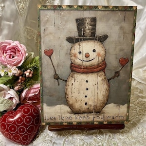 Snowman Love Hearts Valentine Primitive Folk Art Handcrafted Plaque Sign