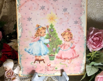 Pink Christmas, Angel Sisters, RETRO, Handcrafted Plaque / Sign