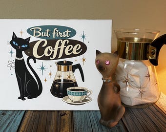 Coffee, Black Kitty, Retro Kitschy Handcrafted Plaque / Sign
