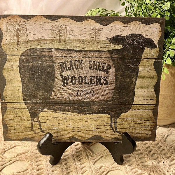 Prim Black Sheep, Woolens, Folk Art, Primitive, Handcrafted Plaque / Sign