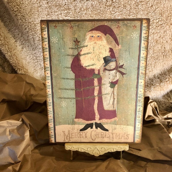 Handmade Folk Art Primitive Christmas Santa Claus with Snowman Handcrafted Plaque / Sign #1