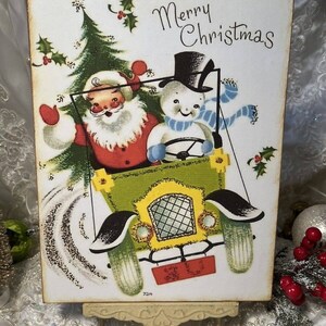Retro Santa & Snowman Merry Christmas Handcrafted Plaque Sign image 1