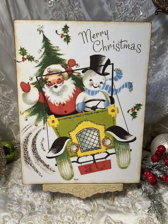 Retro Santa & Snowman Merry Christmas Handcrafted Plaque Sign