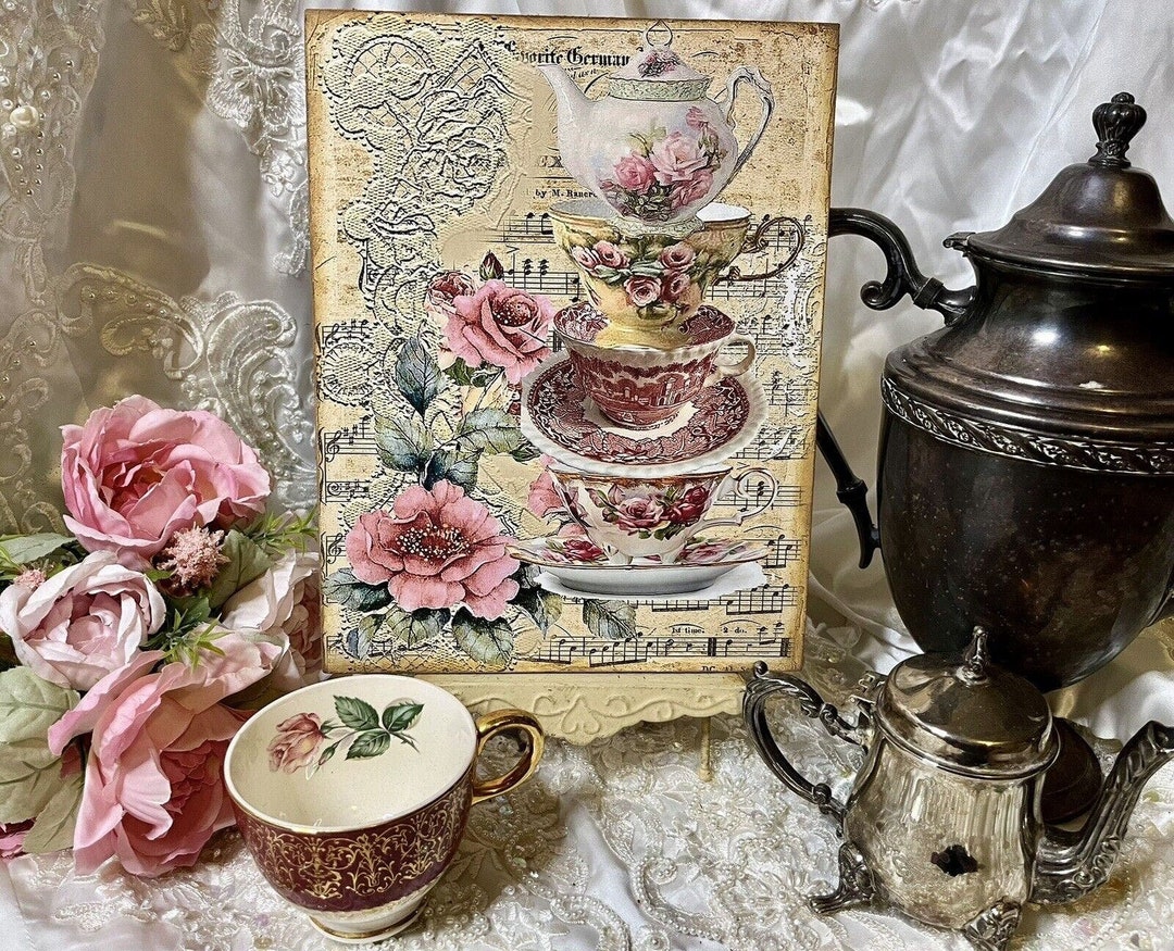 Tea Cups, Stack of Cups and Tea Pot, Shabby Chic Handcrafted Plaque ...