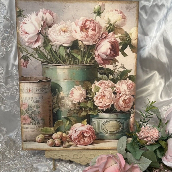 Shabby Chic Tins Pink Roses French Country Cottage Handcrafted Plaque #2