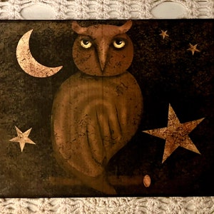 Pu&ograve; includere: Un gufo marrone con grandi occhi gialli &egrave; dipinto su uno sfondo marrone scuro con una luna crescente dorata e stelle dorate.