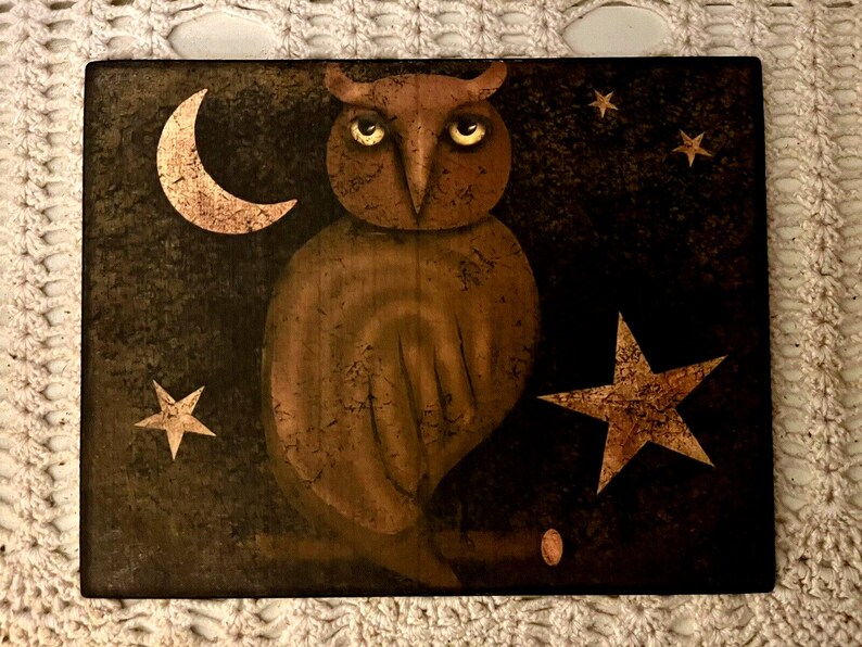 Pu&ograve; includere: Un gufo marrone con grandi occhi gialli &egrave; dipinto su uno sfondo marrone scuro con una luna crescente dorata e stelle dorate.