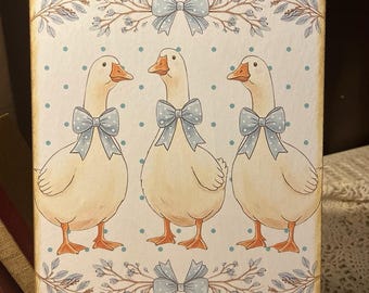 Retro Goose, Ducks w/ Blue Bows, Country, Handcrafted Plaque / Sign, Grannycore