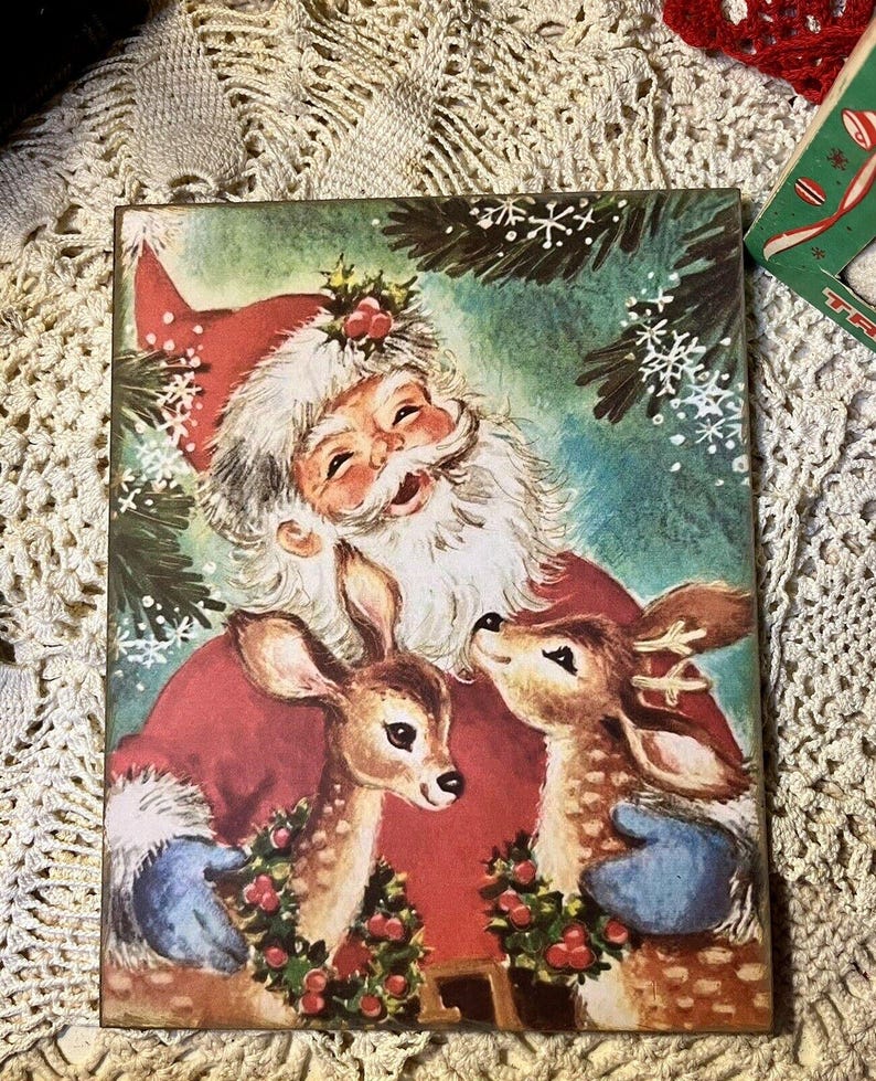 Retro Santa, Reindeers, Cute Kitschy Christmas, Handcrafted Plaque / Sign image 3