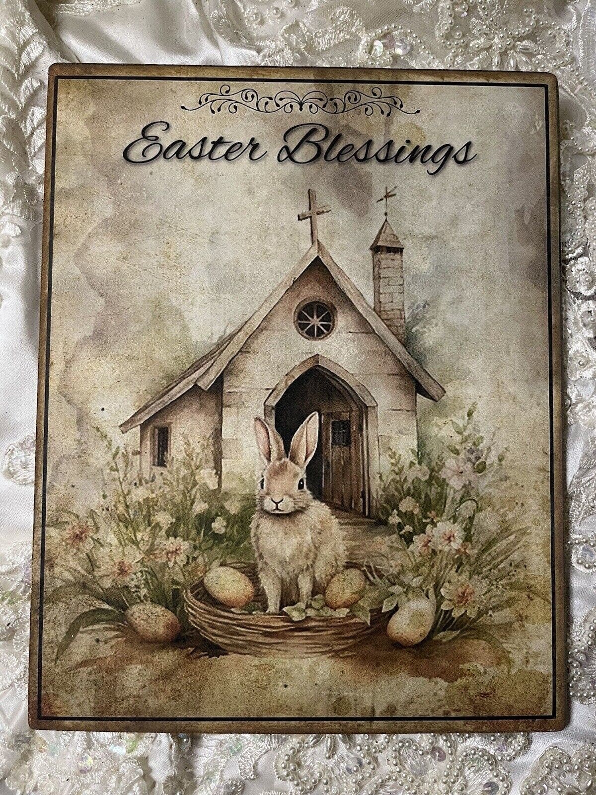 Easter Blessings Church Bunny Rabbit Rustic Cottage Handcrafted Plaque ...