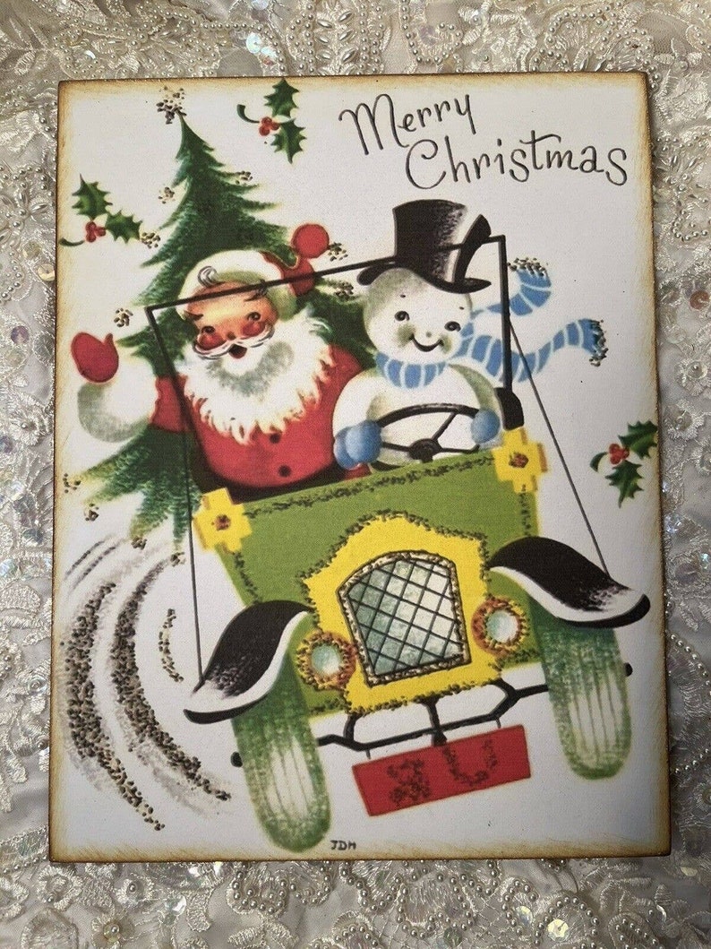 Retro Santa & Snowman Merry Christmas Handcrafted Plaque Sign image 4