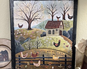Chickens, Farm, Folk Art, Country, Rustic, Primitive, Handcrafted Wooden Sign