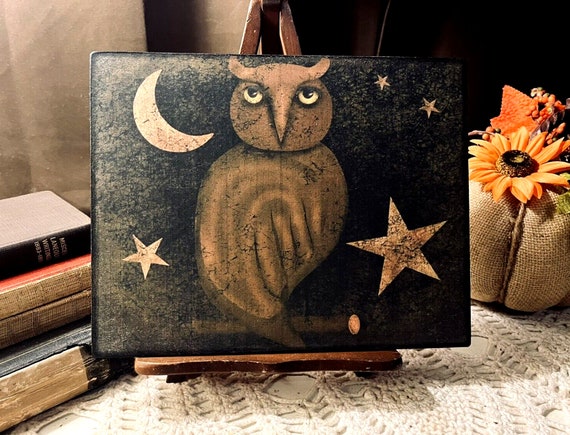 OWL, Moon & Stars Primitive Folk Art Handcrafted Plaque / Sign