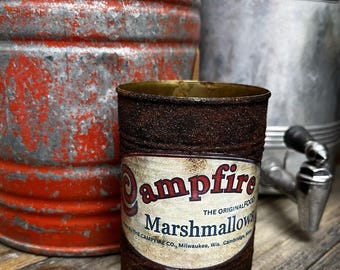 Handcrafted Prim Tin Can, Campfire Marshmallows Label, Grungy