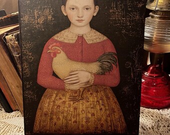 Primitive Folk Art Girl With Rooster, Handcrafted Plaque / Sign