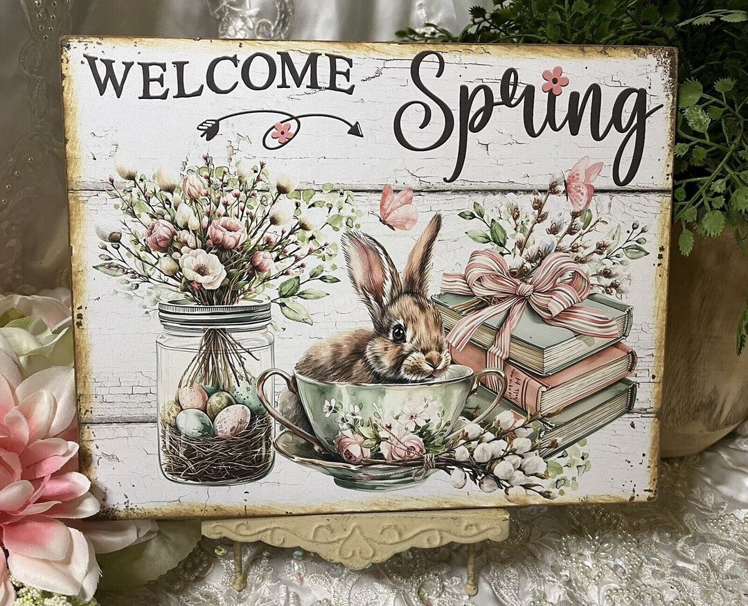 Bunny Rabbit Tea Cup Books Welcome Spring Handcrafted Plaque Sign - Etsy