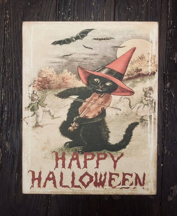Vintage Happy Halloween, Black Cat Playing Fiddle Handcrafted