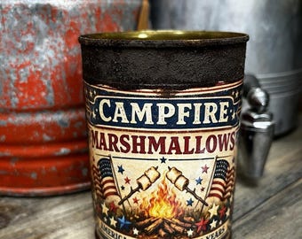 Handcrafted Prim Tin, Flag, Campfire Marshmallows, Grungy