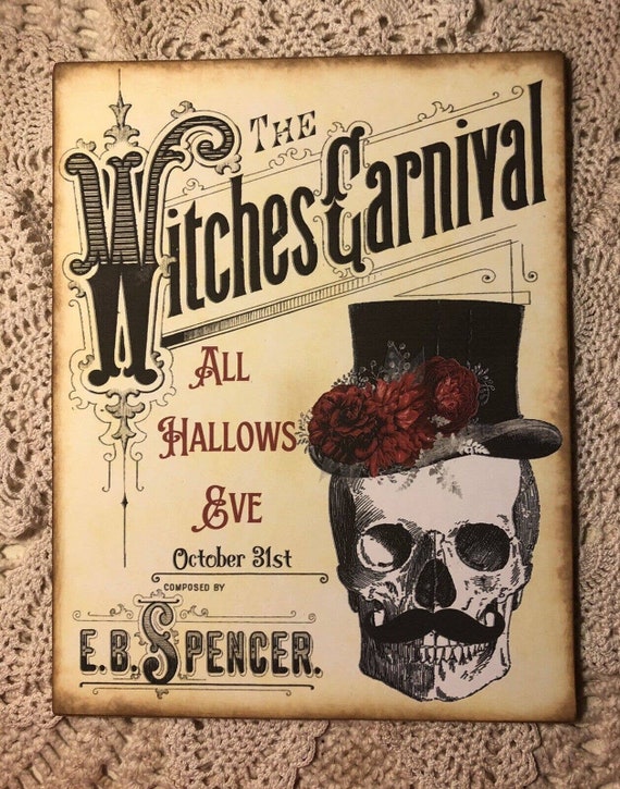 Witches Carnival, Skull, Top Hat, Vintage Style Print, Handcrafted ...