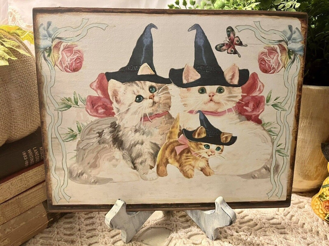Witch Cats, Happy Halloween, Cute & Kitschy Kittens, Handcrafted Plaque