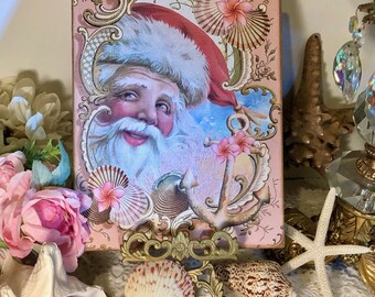 Coastal Santa, Pink Christmas, Shells, Nautical, Handcrafted Plaque / Sign