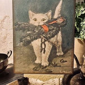 Cat Catches Krampus, Vintage Style Handcrafted Plaque / Sign B