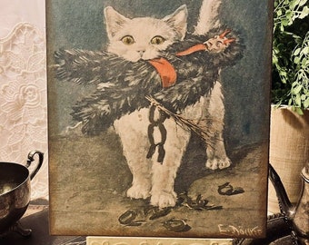 Cat Catches Krampus, Vintage Style Handcrafted Plaque / Sign B