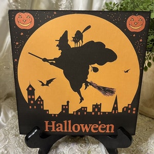 Retro Halloween, Witch, Moon, Handcrafted Plaque / Sign 8x8 Square