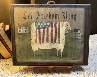 Prim Patriotic Sheep, Flag, Folk Art, Primitive, Handcrafted Wooden Sign
