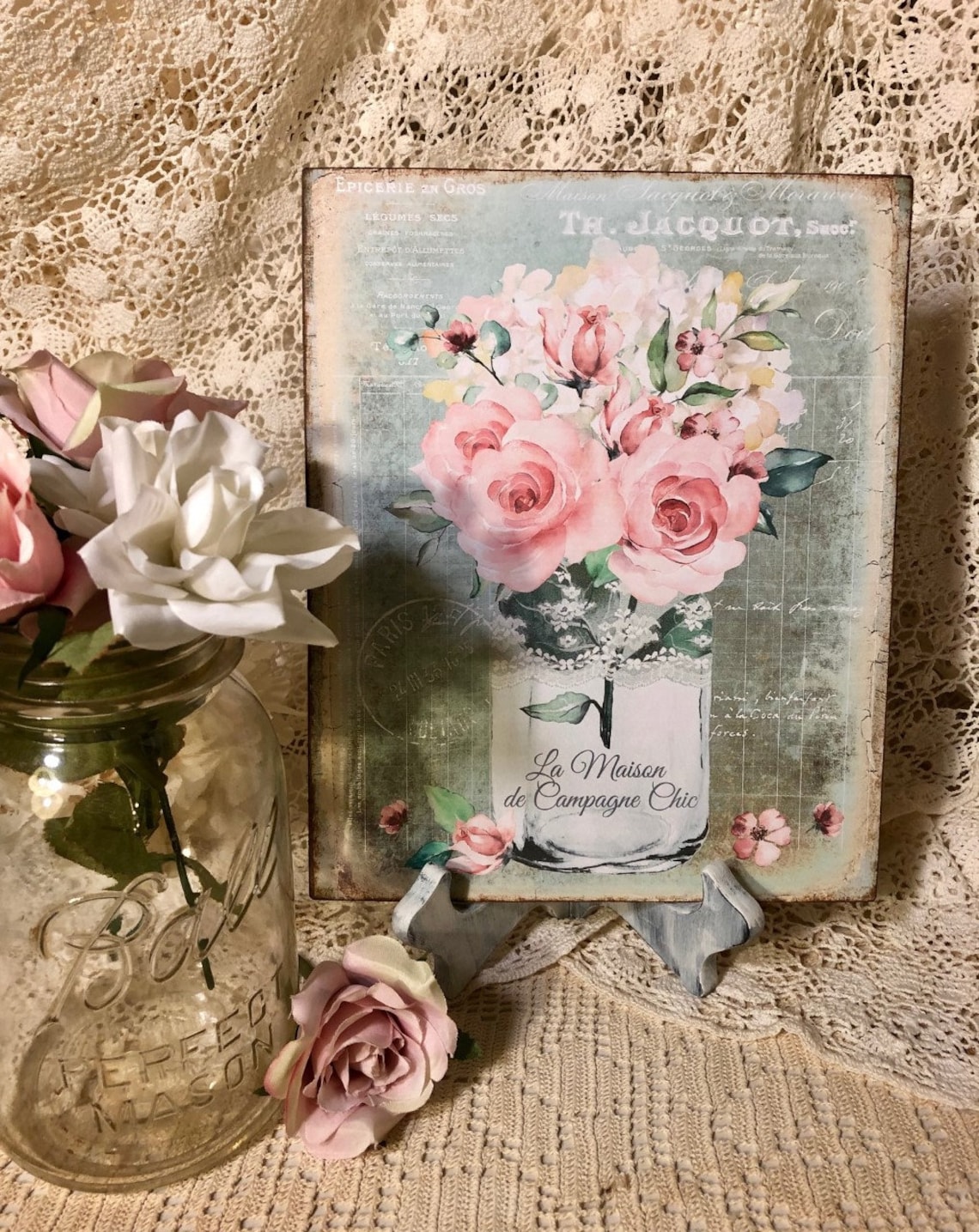 Mason Jar Pink Roses Bouquet Shabby Chic La Maison - Etsy