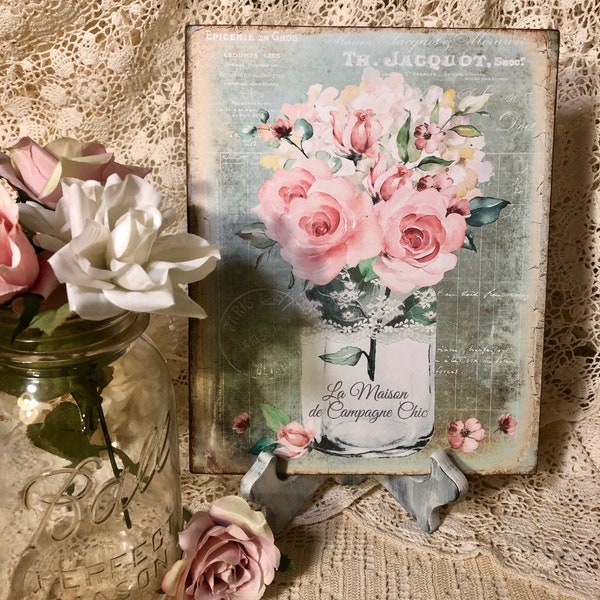 Mason Jar Pink Roses Bouquet, Shabby Chic, La Maison, Handcrafted Plaque