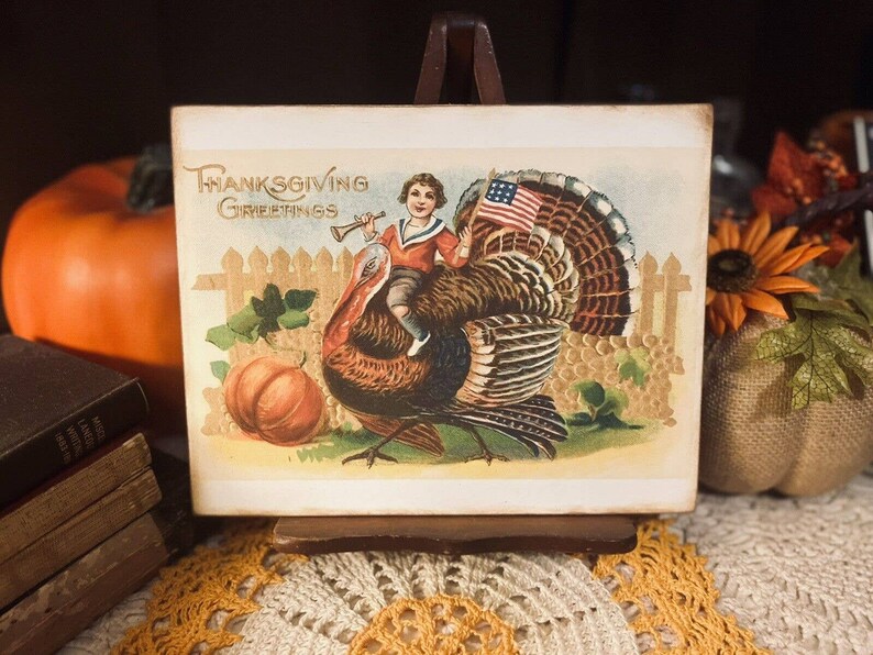 Thanksgiving Greetings, Patriotic Boy Riding Turkey, Handcrafted Plaque ...