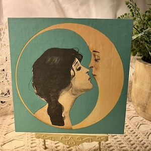 MOON WOMAN, Vintage Style, Woman Kissing Moon, Handcrafted Plaque / Sign