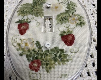 Vintage Strawberries & Floral Cross Stitch Light Single Switch Cover Handmade