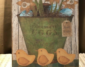 Handmade Primitive FARMHOUSE EGGS Folk Art Plaque / Sign Happy Easter Chicks