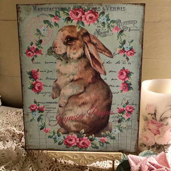 Shabby Chic, Brown Bunny Rabbit,  Handcrafted Plaque
