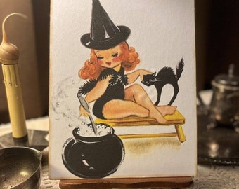 Retro Kitschy Halloween Little Witch Girl With Cat Handcrafted Plaque / Sign #2