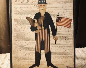 UNCLE SAM Folk Art Patriotic Primitive Americana FLAG Handcrafted Plaque / Sign