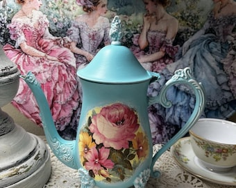 Upcycled Hand Painted w/ Decoupaged Roses Vintage Silver Plate Tea Pot, Cottage