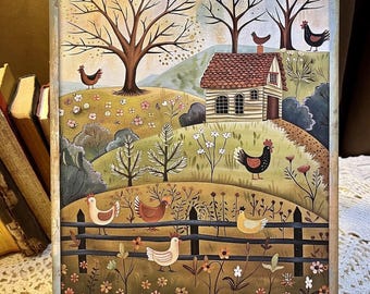 Chickens Farm, Folk Art Country Rustic Primitive Handcrafted Plaque / Sign