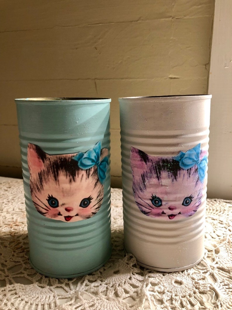 Kitschy Kitty Cat Can Shabby Chic Up cycled Tin Can Retro Etsy