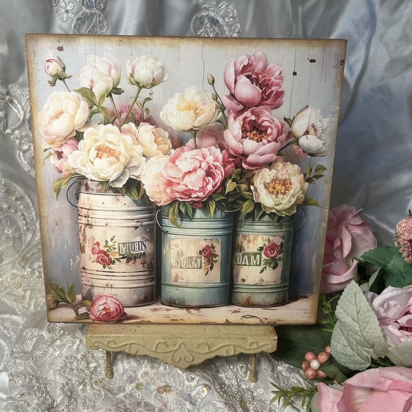 Shabby Chic Tins Pink Roses French Country Cottage 8x8 Handcrafted Plaque #1