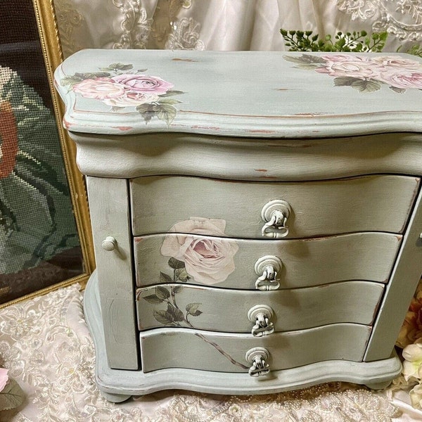 Refinished Vintage Jewelry Armoire, Handpainted Jewelry Box, Roses, Shabby Chic Cottage