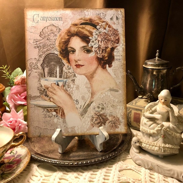 Lady with Tea Cup, Romantic, Shabby Chic, Handcrafted Plaque / Sign 8x10