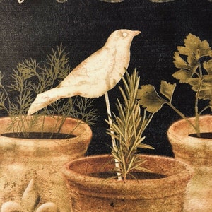 May include: A vintage-style illustration of three terracotta pots with herbs growing inside. The pots are decorated with a fleur-de-lis design. A white bird sits on a branch above the pots. The text "fresh herbs" is written in a decorative font at the top of the image.