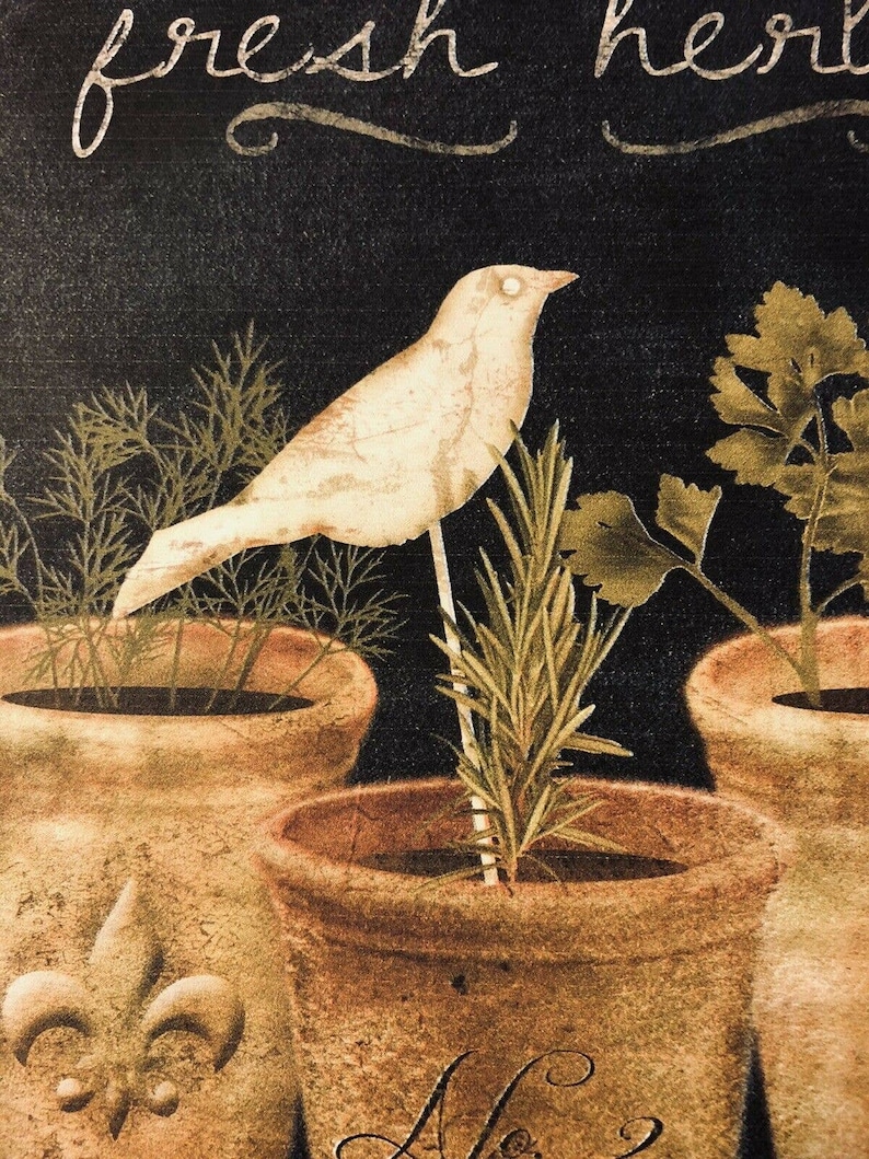 May include: A vintage-style illustration of three terracotta pots with herbs growing inside. The pots are decorated with a fleur-de-lis design. A white bird sits on a branch above the pots. The text "fresh herbs" is written in a decorative font at the top of the image.