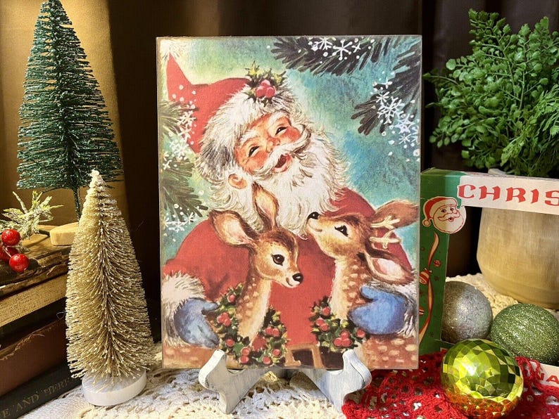 Retro Santa, Reindeers, Cute Kitschy Christmas, Handcrafted Plaque / Sign image 4