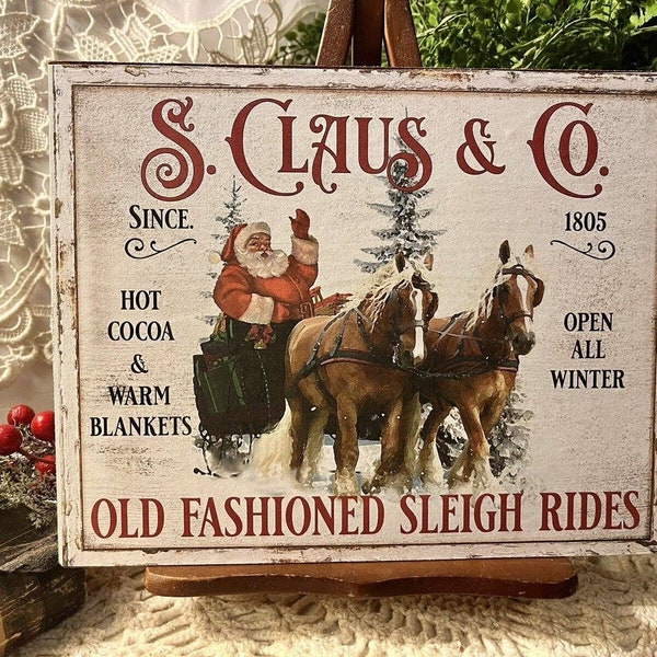 S. Claus & Co., Christmas Sleigh Ride Santa w/ Horses, Handcrafted Plaque / Sign