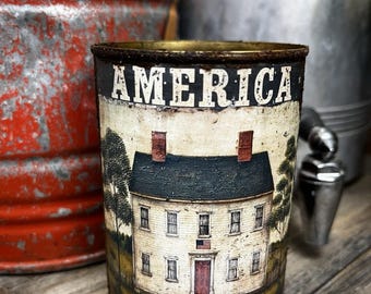 Handcrafted Prim Tin Can, America 1776, Patriotic, Salt box House, Grungy
