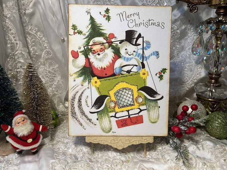 Retro Santa & Snowman Merry Christmas Handcrafted Plaque Sign image 2